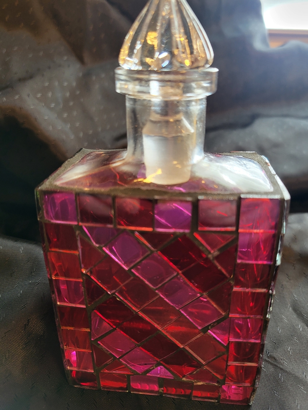 Faceted 5.5 x 3 In. Glass Perfume Bottle with Pink Mosaic Panels With Stopper
